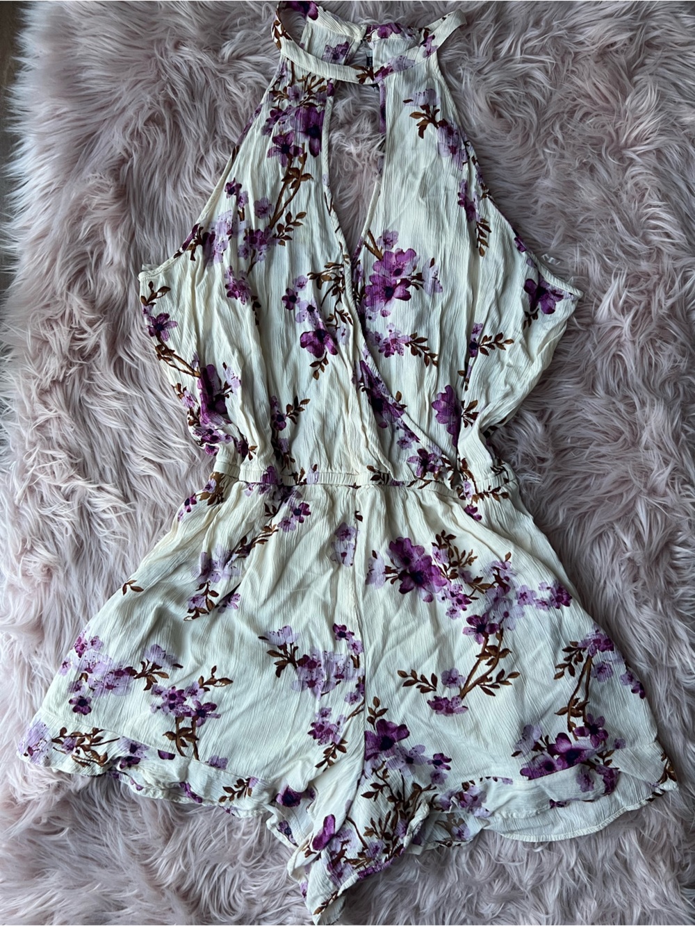 American Eagle Outfitters Cream One-Piece Romper with Purple Floral Print XL